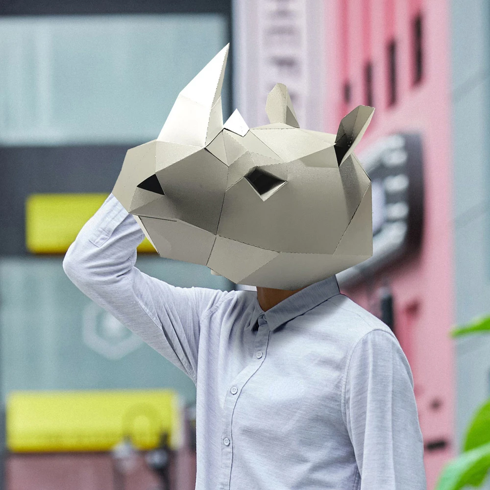 3D Paper Mold Rhino Head Mask Headgear Animal Model Halloween Cosplay Props Woman Men Party Role Play DIY Craft Masks