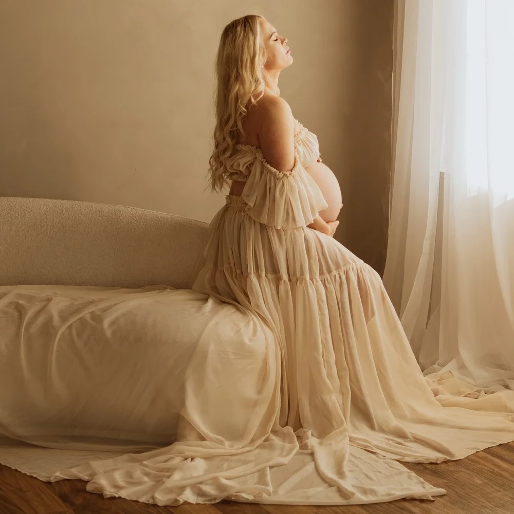 Schwangerschaftsfotografie-Outfit Elegantes schulterfreies, durchsichtiges, ultradünnes Chiffonkleid für Fotoshootings für Frauen