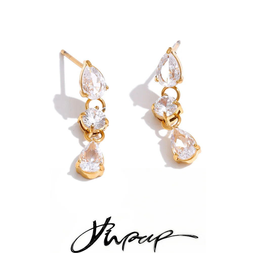 Yhpup Dainty Stainless Steel Cubic Zirconia Chain Drop Dangle Earrings 18K Golden PVD Plated Temperament Charm Women Jewelry