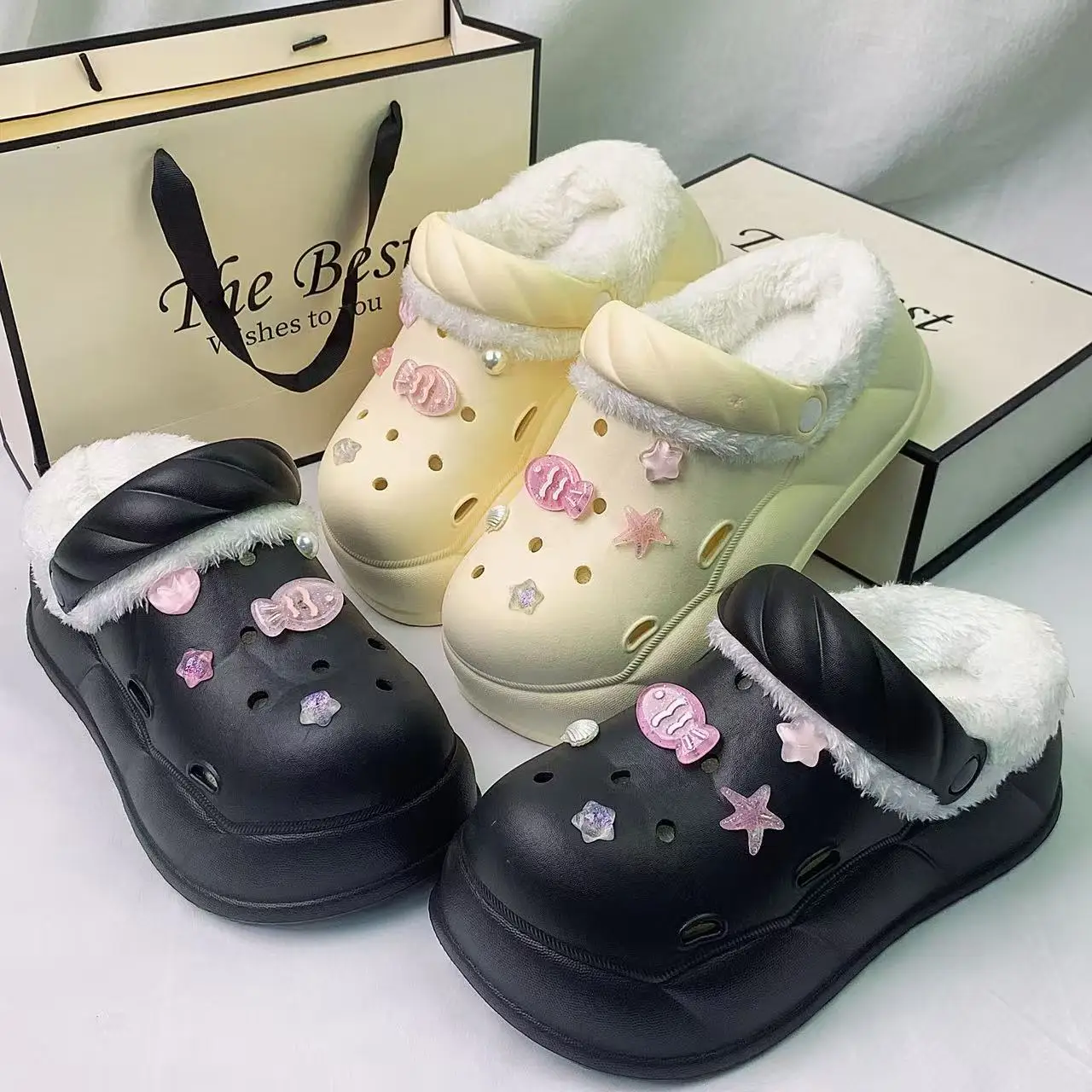 

Модные женские хлопковые тапочки, плюшевые сабо, розовые сабо из ЭВА на толстой подошве в форме рыбы, нескользящие, мягкие и удобные для дома, покупок и улицы.