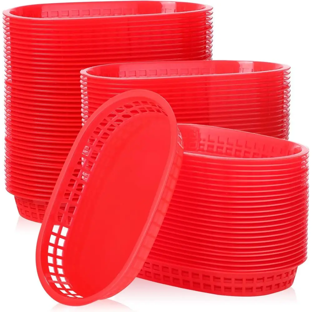 

100 Pcs Bulk Oval Plastic Serving Baskets, 10.6 x 6.7 Inch, Red, Ideal for Restaurants, Parties, and Picnics