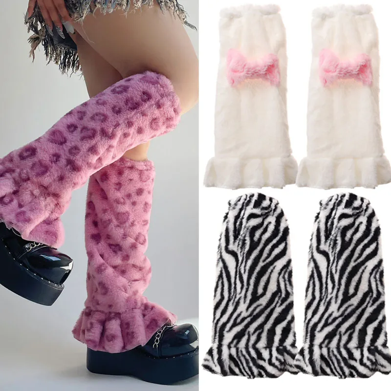 

Y2K Plush Pink Leopard Leg Warmers Winter Harajuku Goth Zebra Pattern Bow Leg Cover Women Ruffled Baggy Foot Cover Socks 2025