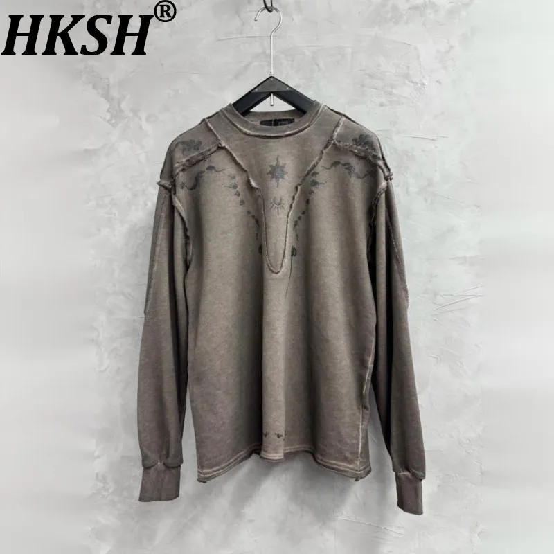 HKSH Spring Autumn New Men Tide Waste Land Light Luxury Patchwork Long-Sleeve T-shirt Y2K Trendy Top Women Vintage Tees HK28099