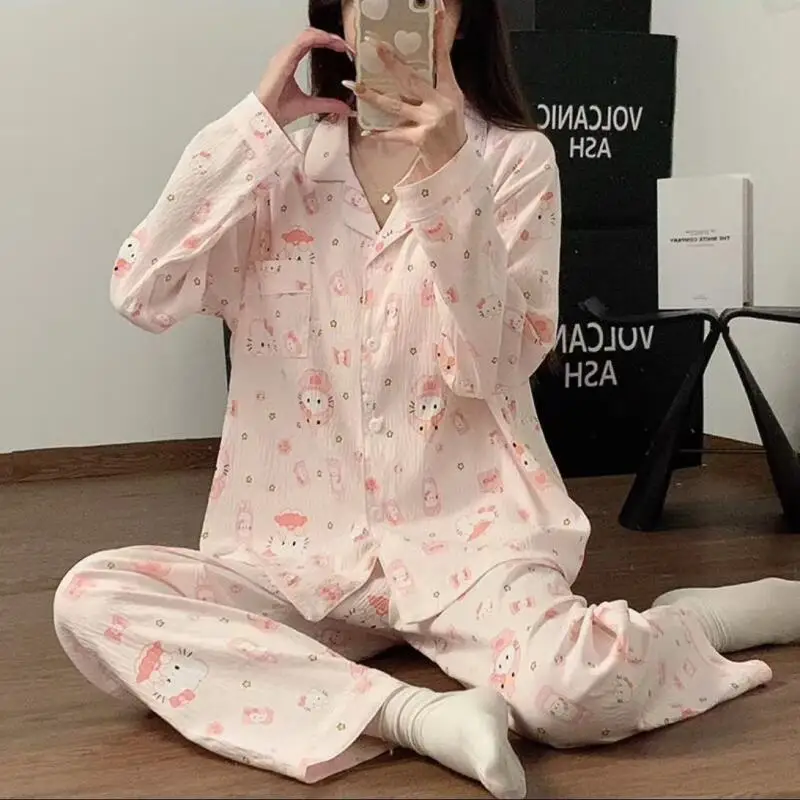 

Sanrio Hello Kitty Women's sleeping pajamas sets kawaii cartoon autumn Long Sleeve Pants leisure cotton Sleepwear home clothes