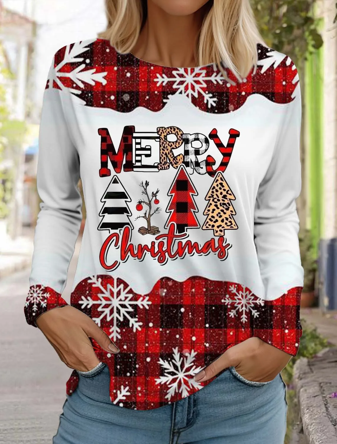 Christmas Animal Elk Women's Long Sleeves T-Shirt Monogram Round Neck Long Sleeved Autumn Clothing Holiday Fashion Party T-Shirt