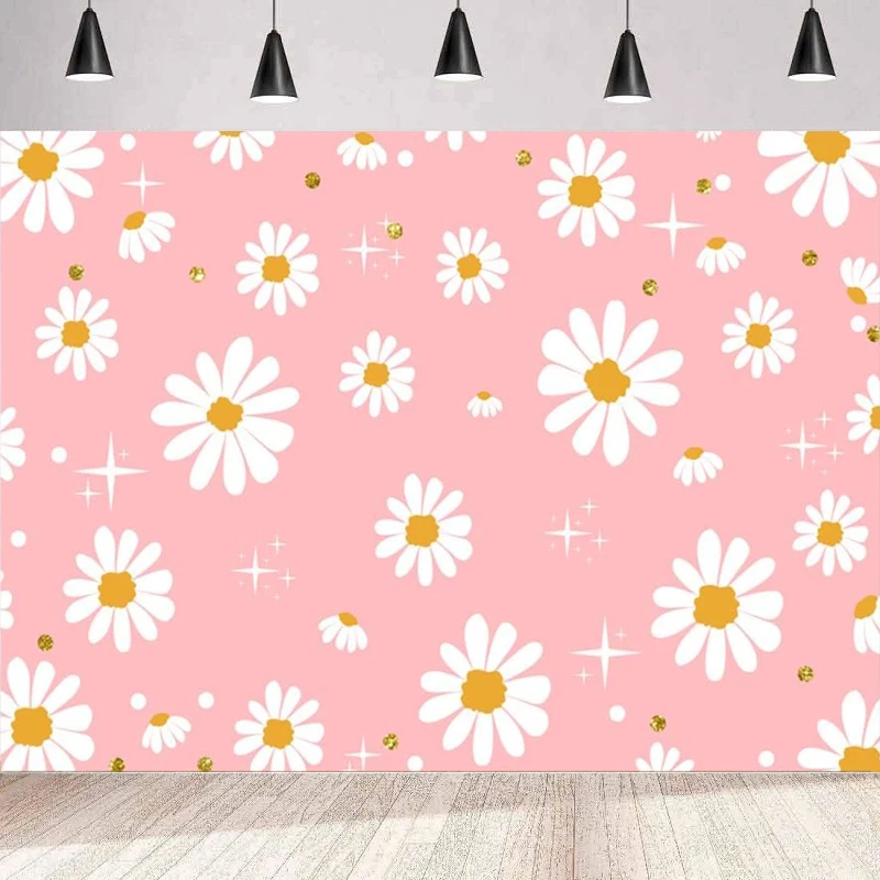 Retro Daisy Photography Backdrop Boho Daisy Pink Baby Girls Birthday Bohomian Floral Groovy Baby Shower Party Decor Background