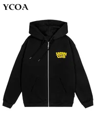 Men's Zip Up Hoodies Sweatshirt Satan Club Oversized Cardigan Gothic Graphic Fashion Streetwear Cotton Long Sleeves Tops Clothes