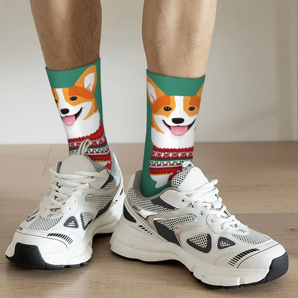 คอร์กี้สวมถุงเท้าลายคริสต์มาส ถุงเท้าสไตล์ฮาราจูกุ คุณภาพสูง ถุงเท้ายาวสำหรับทุกฤดู อุปกรณ์เสริมสำหรับของขวัญผู้ชายและผู้หญิง