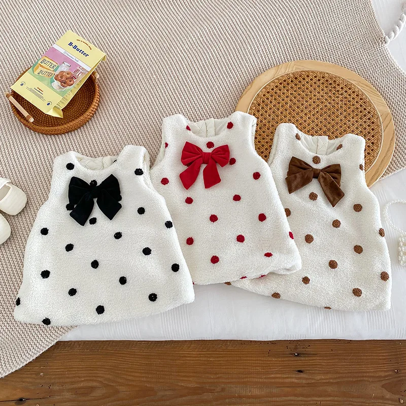 2024 Autumn Winter Infant Girl Polka Dot Vest Dress Toddler Girls Solid Bow Outerwear Baby Girls Plush Thickened Cotton Dress