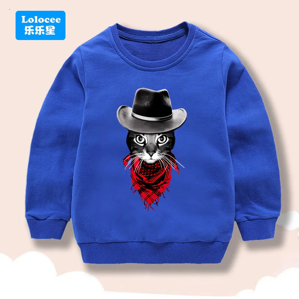 Lolocee Kids Sweatshirt Cute Cowboy Cat Printed Crew Neck Long Sleeve Boys Casual Pullover Top High Quality Toddler Clothes MNZ1