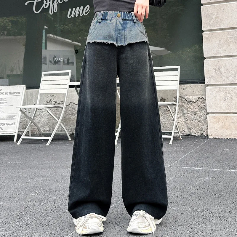 Autunno Ragazze Adolescenti Gradiente Denim Pantaloni a gamba larga 8 10 12 14 Junior Bambini Jeans Bambini Splicing Pantaloni in vita Vestiti della