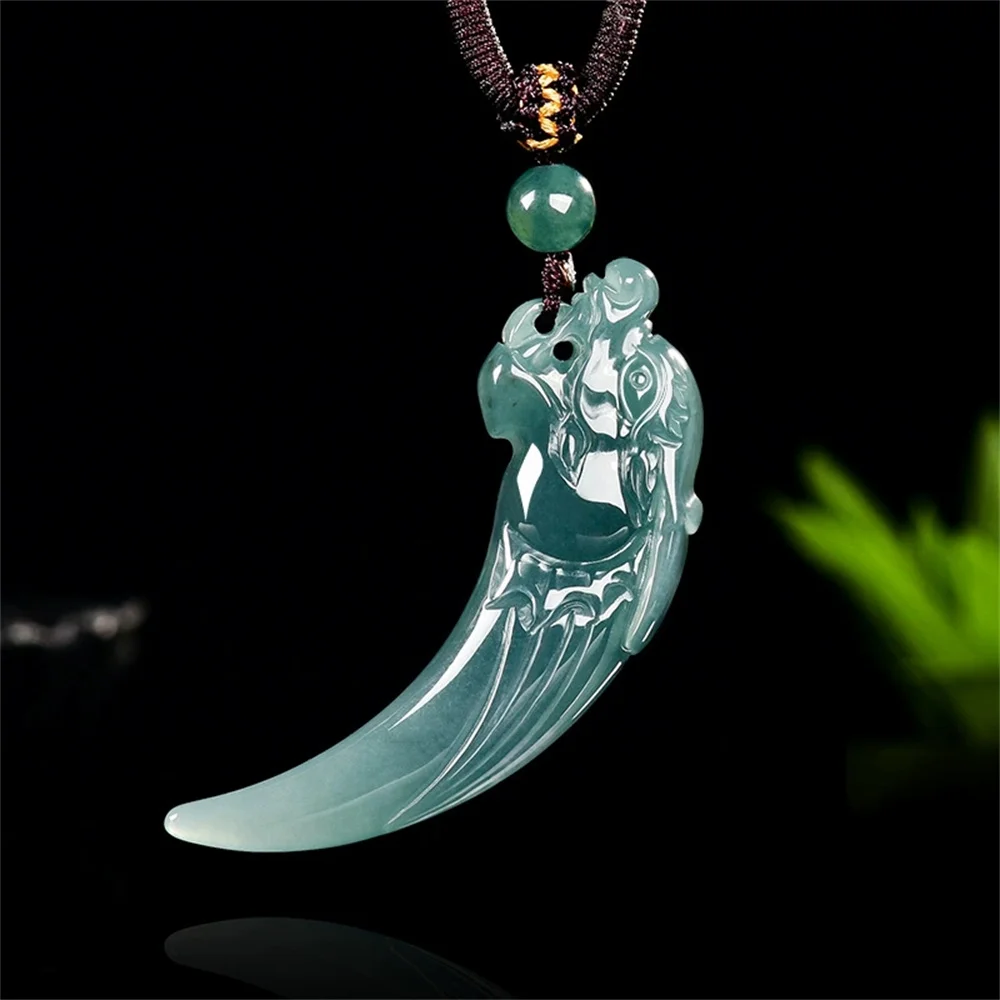 

Natural Ice Green Jadeite Carved Dragon Long Tooth Lucky Pendant Amulet Necklace Certificate Trendy Handmade Jade Gift Jewelry