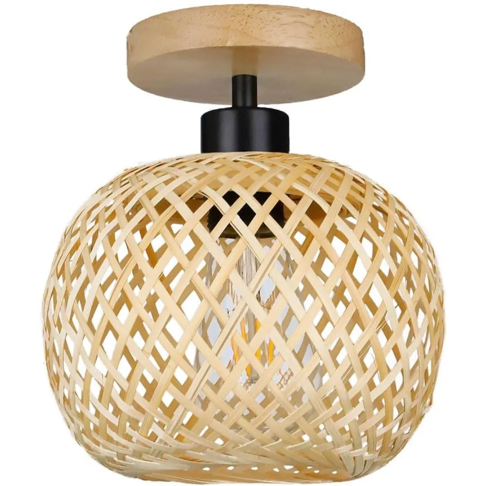 1-Light Bamboo Cage Ceiling Light Rural Style Semi Flush Mount Ceiling Lamp chandelier for Dining Room Bedroom RestaurantE26/E27
