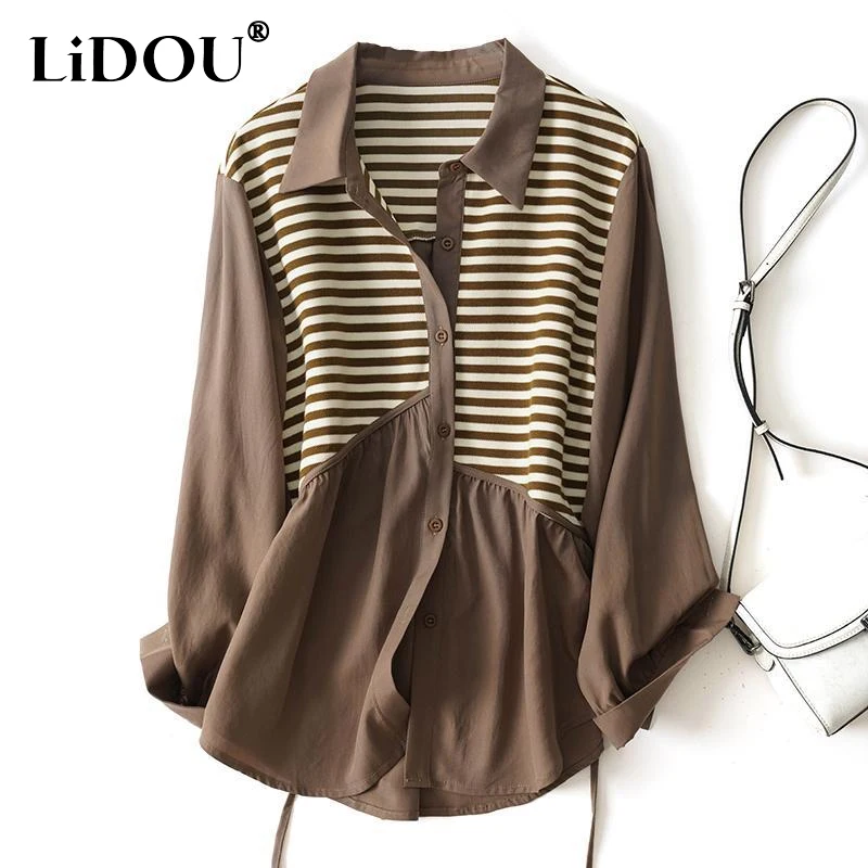 Spring Autumn Striped Patchwork Fashion Long Sleeve Shirt Women High Street Casual Button Korean Style Elegant Chic Cardigan