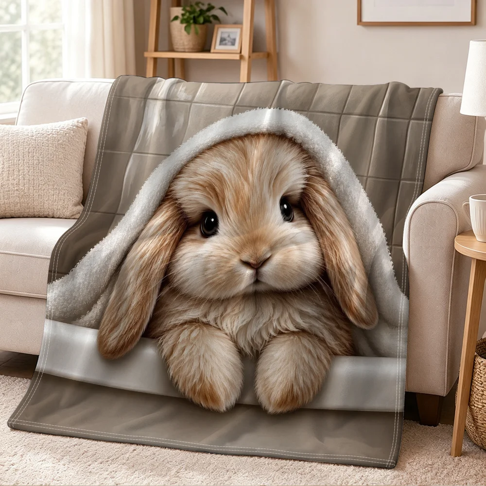 1pc Bunny Themed Flannel Blanket Cute Light Brown Lop-Eared Rabbit Pattern Soft Sofa Nap Blanket Versatile for Home Decor All Se