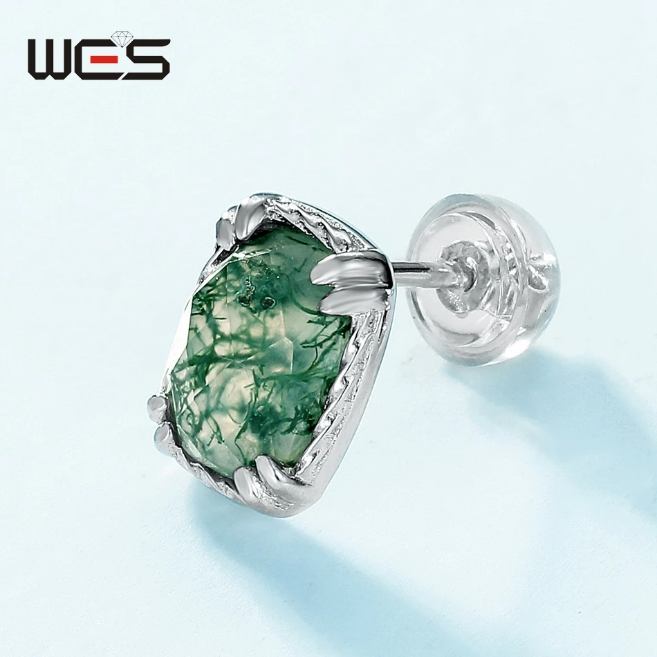 Wes 925 Sterling Zilveren Oorknopjes Voor Vrouw Natuurlijke Mosagaat 5*7Mm Gecertificeerde Sieraden Mode Feest Jubileum Cadeau
