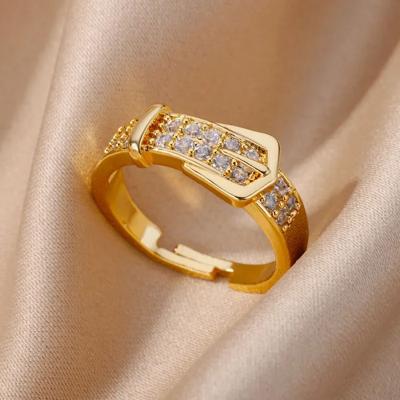 Chic Gold Color Buckle Shaped Ring With Sparkling Zircon Fashion Trendy Adjustable Ring Women's Gatherings Jewelry