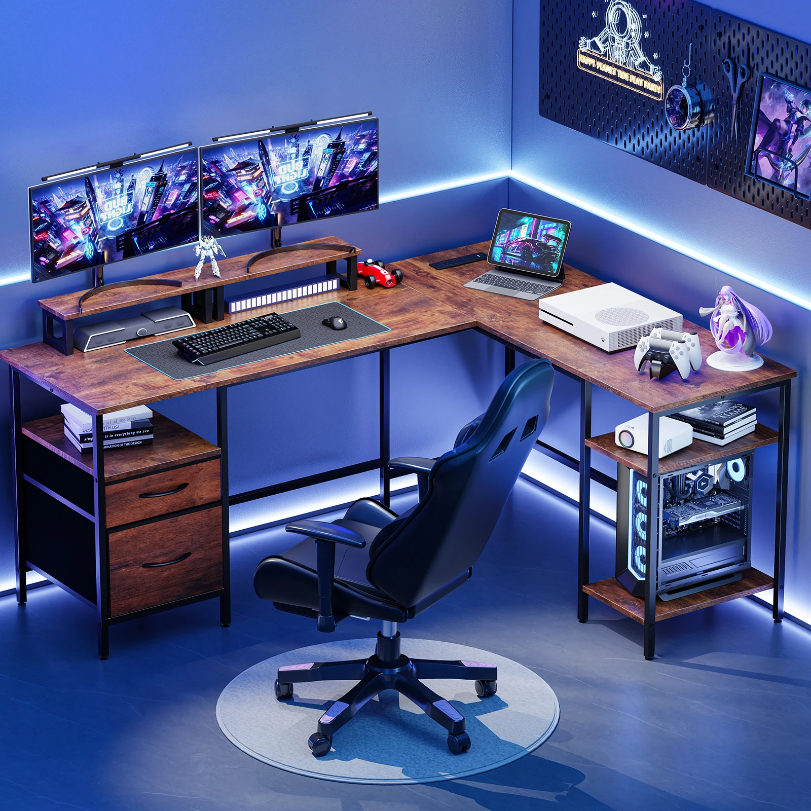 JHK 62IN L Shaped Computer Desk with 2 Drawers Wood Table with Adjustable Storage Shelves Charging Station Desk for Office