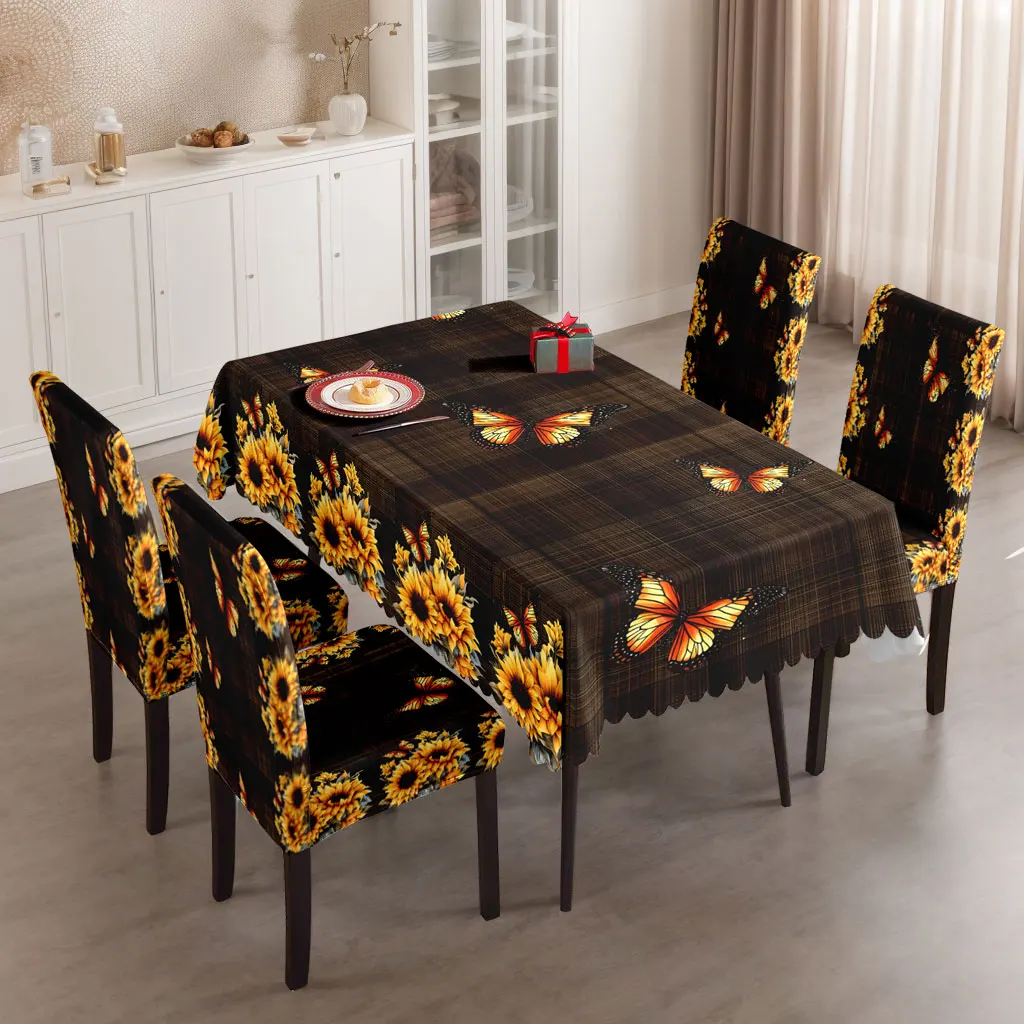 

5/7pcs Sunflower Butterfly Tablecloth Elastic Chair Covers Set Farmhouse Home Decor