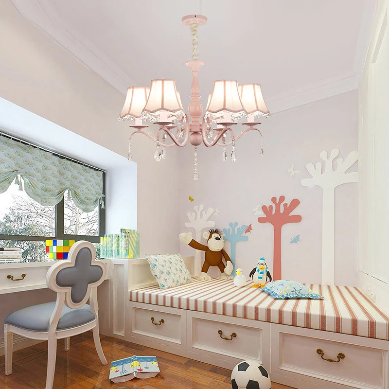 Crystal Pink Chandelier With  Fabric Shade In Princess Bedroom Hanging Chandeliers For Children'S Room Girls/Daughter 