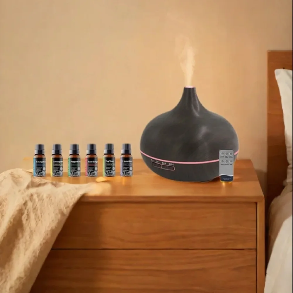 

Natural Wood Grain Aroma Diffuser with 6 Essential Oils & Remote Control 550ml Capacity‌ 7-Color LED‌ Mood Lighting Humidifier
