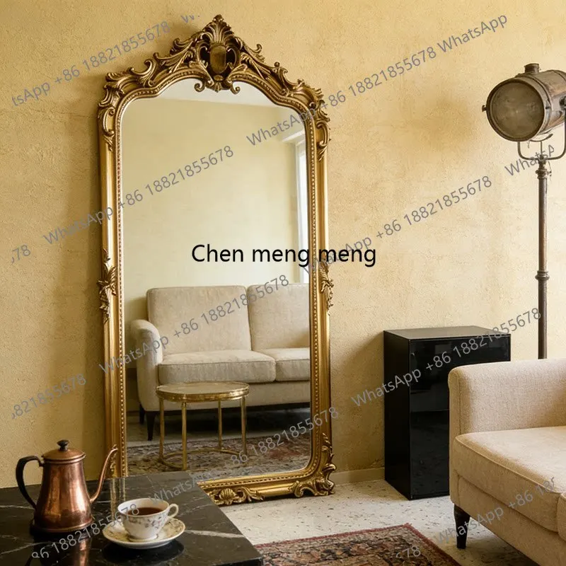 Vintage carved floor-to-ceiling French luxury dressing mirror, high-end full-body mirror in home living room, fitting mirror