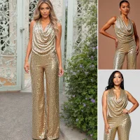 

Женские курортные комбинезоны 2025 сверкающие золотые блестки с лямкой на шее и драпировкой с капюшоном без рукавов, струящиеся широкие макси-комбинезоны для пляжной вечеринки