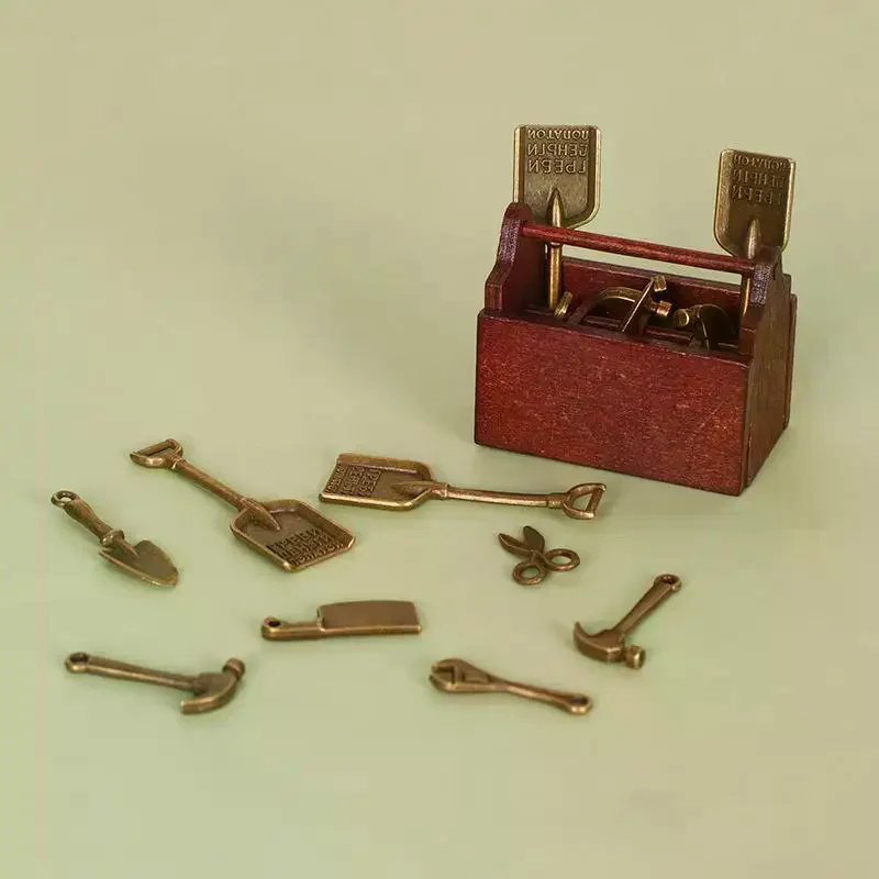 Dollhouse Miniature Tool Set Metal Hammer Pliers Wrench Kit With Wooden Tool Box For Micro Scene Model DIY Decoration Accessory