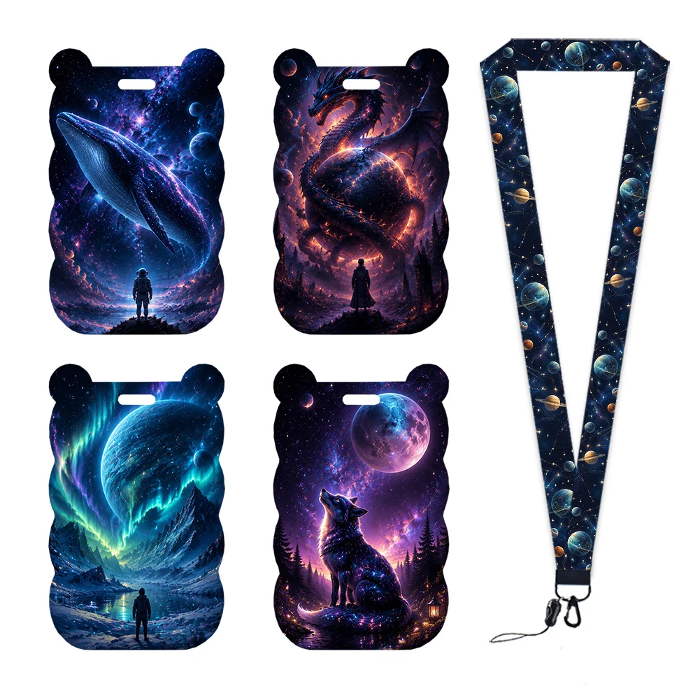 Galaxy Bear Ear Card Holder with Lanyard Cosmic Moon Star Planet ID Badge Holder Wavy Edge Space Print Card Case for Women Girls