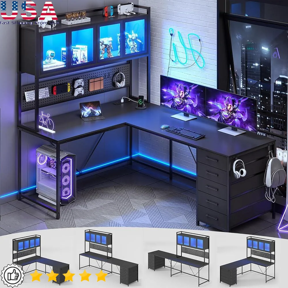 L Shaped Gaming Desk with Hutch and Storage Drawers LED Lights Pegboard Display Cabinet Power Strip Modern Computer Desk