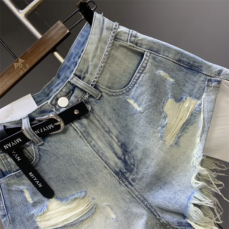 Ripped Denim Shorts Korean Style Female 2024 Summer Patchwork A-line High-waisted Wash Blue Sexy Jeans Street Fashion 4 Color