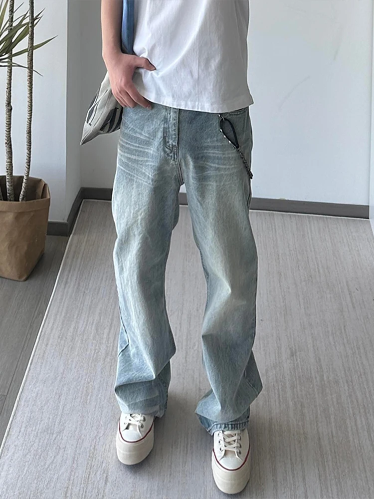 

Light Blue Straight Leg Men's Jeans Casual Loose Workwear Wide Leg Pants American High Street Sle Teenager Suitable