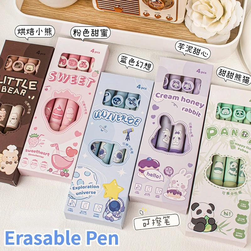 

4pcs Erasable gel pens set 0.5 mm Fine point blue ink kawaii ballpoint pen writing pens Korean Stationery Office school supplies