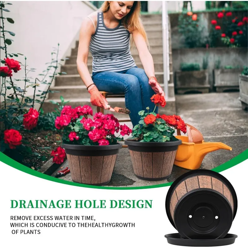 4 Pack 14 inch Plant Pots,Whiskey Barrel Planters with Drainage Holes & Saucer,Plastic Decoration Flower Pots Retro Design