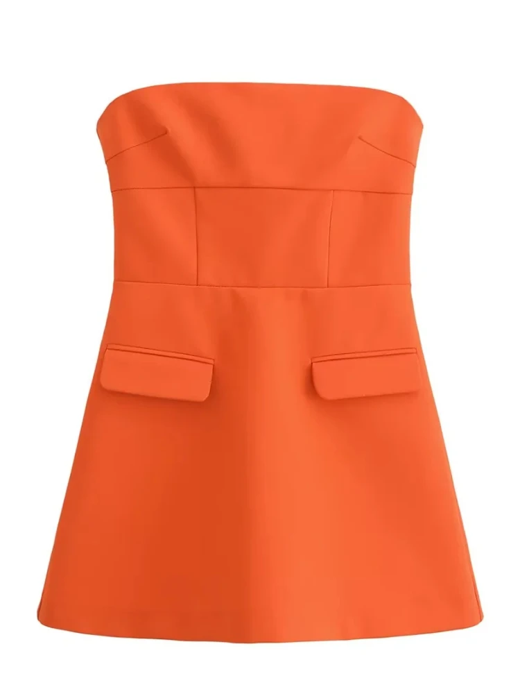

OUROPEAN ZTATION 2025 Summer New Female Hipster Dresses Mini Skirt Casual Woman Sleeveless Strapless dress Ruffles Pockets Top