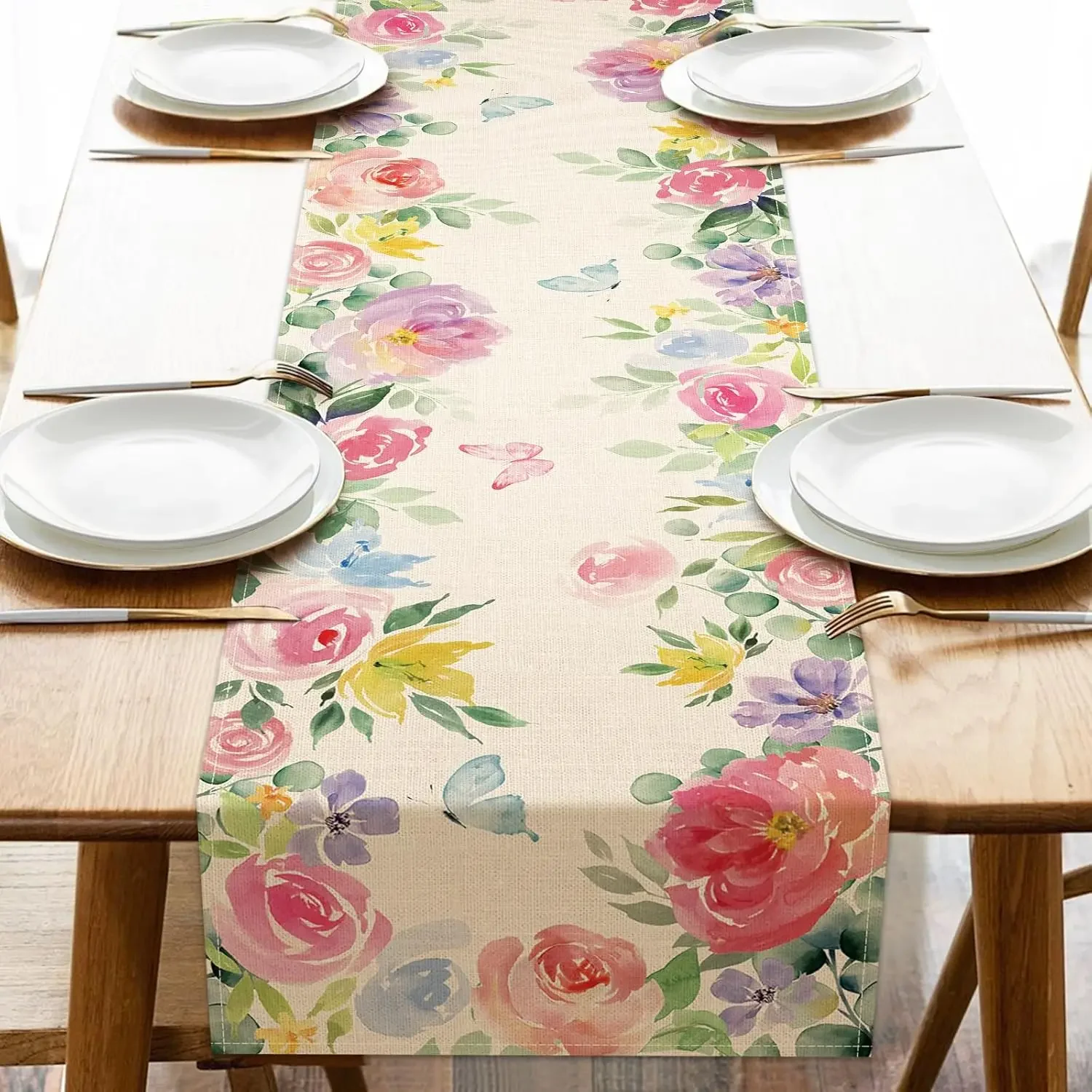 Frühlings-Rosen-Pfingstrosen Blumen-Tischläufer aus Leinen, Wiederverwendbare Partydekoration, Landhausstil Küchen- und Esstischläufer, Hochzeitsdekorationen
