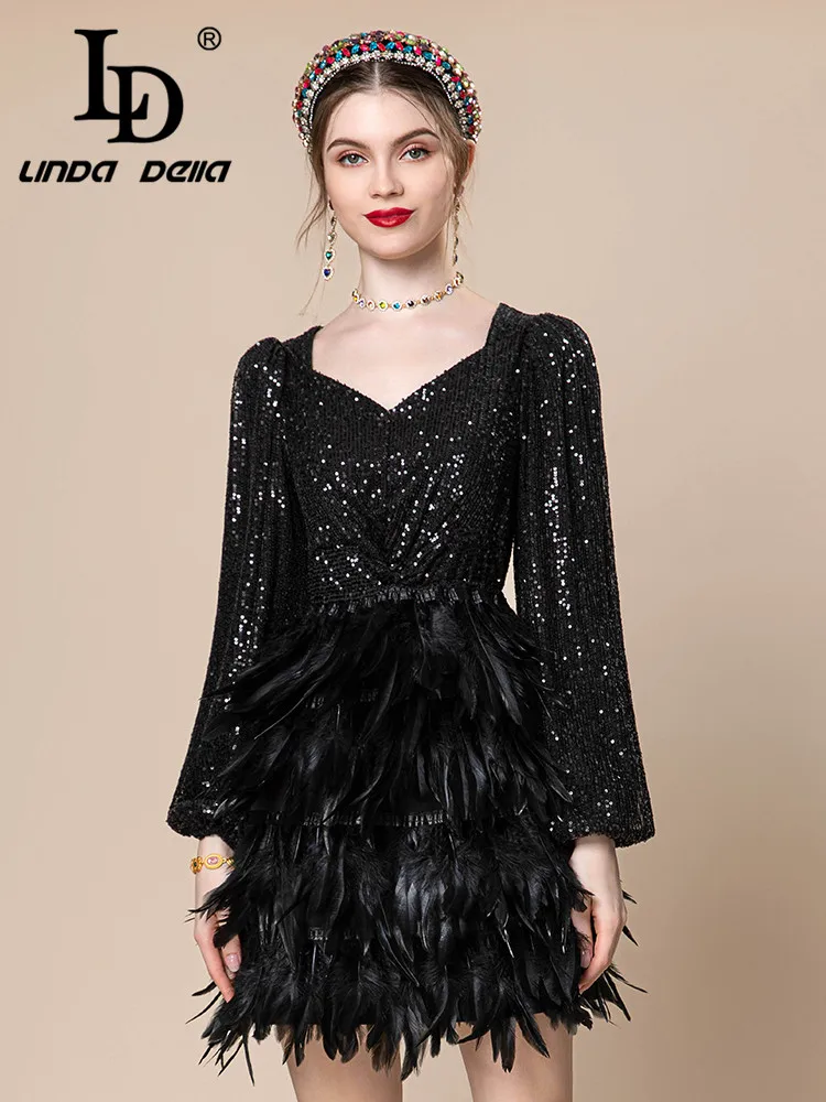 

LD LINDA DELLA Autumn Italian Luxury Fashion Dresses Women's Black Long Sleeve Sequin Splice Sexy Cascading Feather Mini Dress