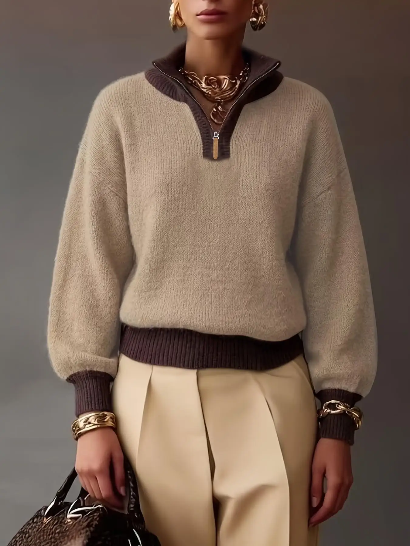 Women 1/4 Zip Knitted Sweater Color Block Lapel Collar Long Sleeve Loose Pullover Autumn Winter Casual Contrast Knit Jumper Tops
