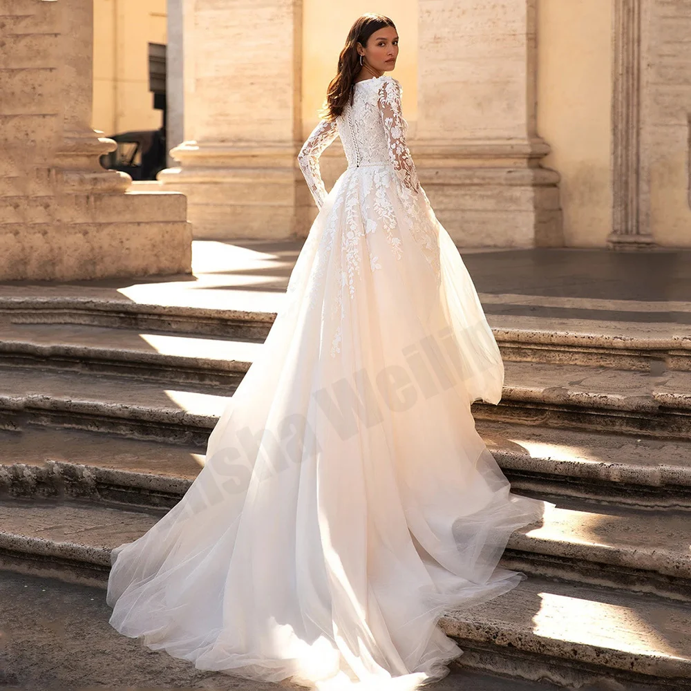 Exquisite A Line Lace Wedding Dress Boat Neck Long Sleeves Applique Sweep Train Vestido De Noiva Tulle Bride Bridal Gowns