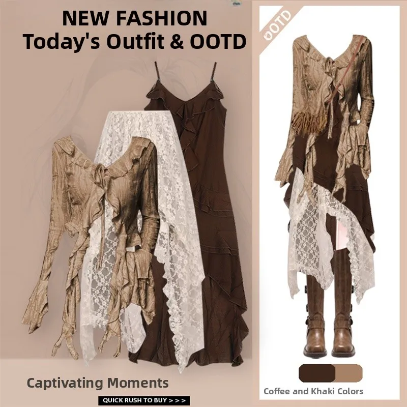 

Модный кружевной наряд, женский осенний комплект из футболки Desert Samba с верхом и бретельками Spicy Girl irt, длинный комплект с v-образным вырезом...