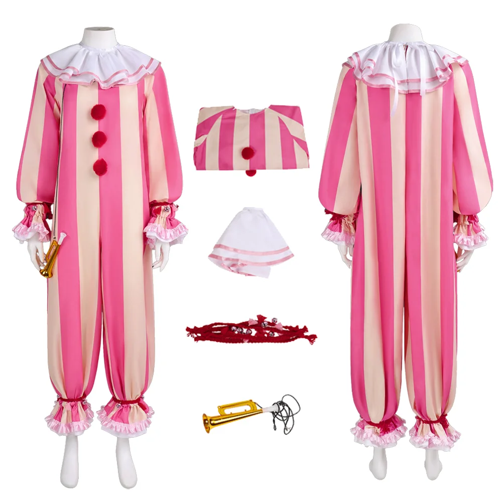 

Костюм для взрослых: игривый цирковой клоун, розовый полосатый комбинезон, унисекс, для Хэллоуина и карнавала, маскарадный наряд