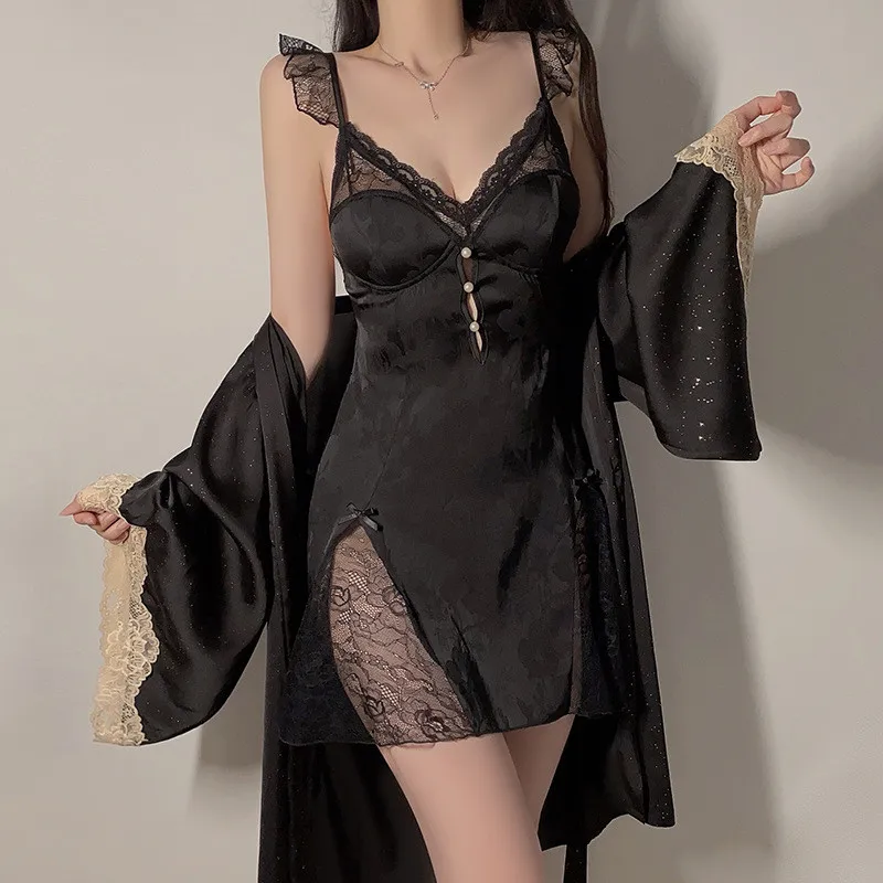 Summer Two Piece Rayon Robe Suit Women Nightgown Sleepwear Kimono Gown Set Femme Lace Nightwear Bathrobe image 4