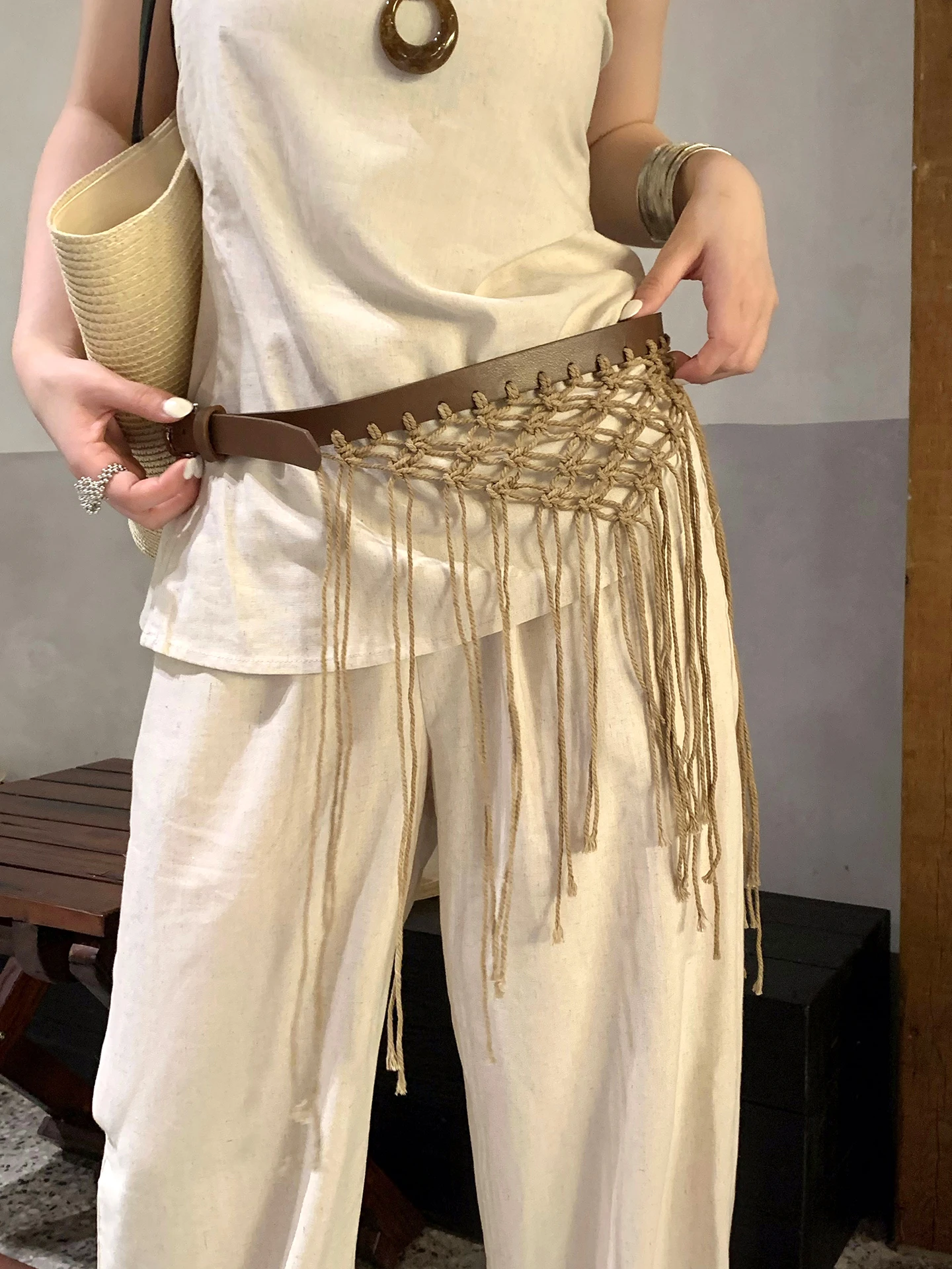 Bohemian Mesh Weave Tassel Belt Women's Versatile Casual Korean Style Alloy Buckle Soft Surface Leather Belt Fashion Accessory