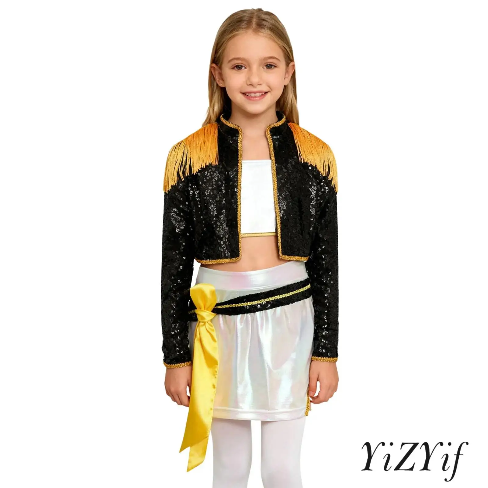 

Kids Girls Demon Singer Costume Sparkly Sequins Long Sleeve Epaulets Tassel Outwear+Crop Top Built-In Shorts Skirt+Ribbon Set