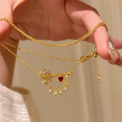 Palace style retro light luxury red water droplet tassels key necklaces inlaid ruby heart-shaped pendant wedding jewelry