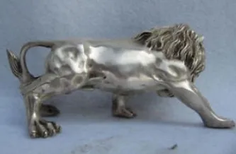 Old Tibet Silver China Folk Refined white Copper Silver Feline animal Ferocious Male lion Statue