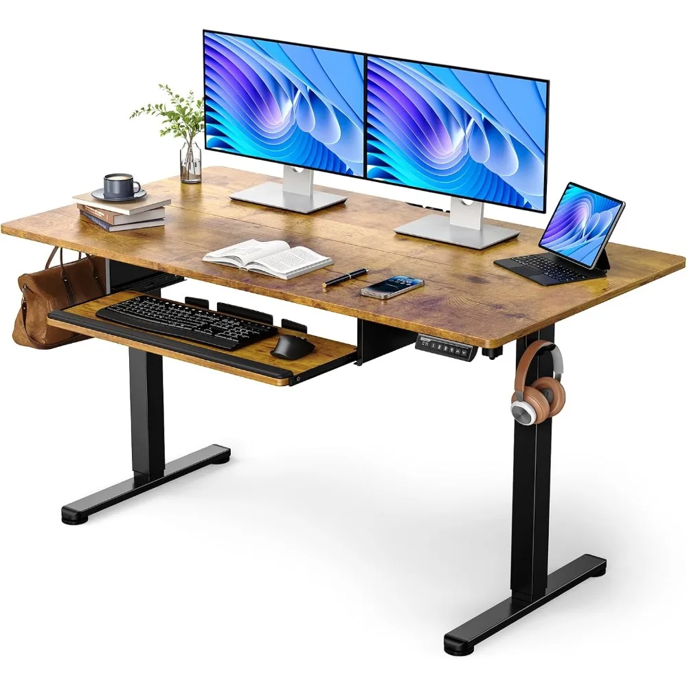 

Electric Standing Desk with Keyboard Tray, 55x28 Inches Adjustable Height Sit Stand Up Desk, Home Office Desk Computer Workstat