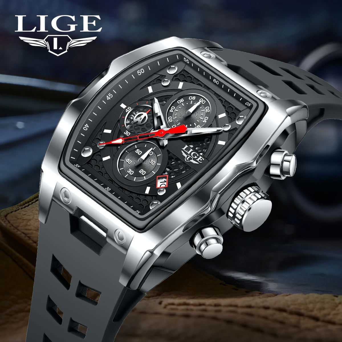 LIGE Outdoor Casual Sport Quartz Man Watch Square Fashion Simple Silicone Strap Waterproof Hollow Luminous Watches for Men Gifts