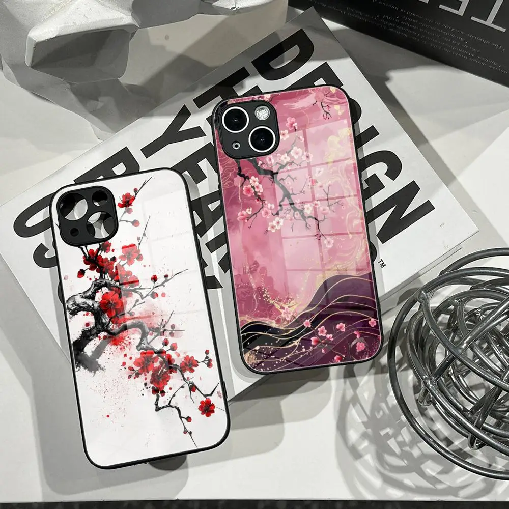 Pink Watercolor Sakura Phone Case, Falling Cherry Blossom Petals Spring Floral Slim Phone Cover Phone Case Tempered Glass Shell