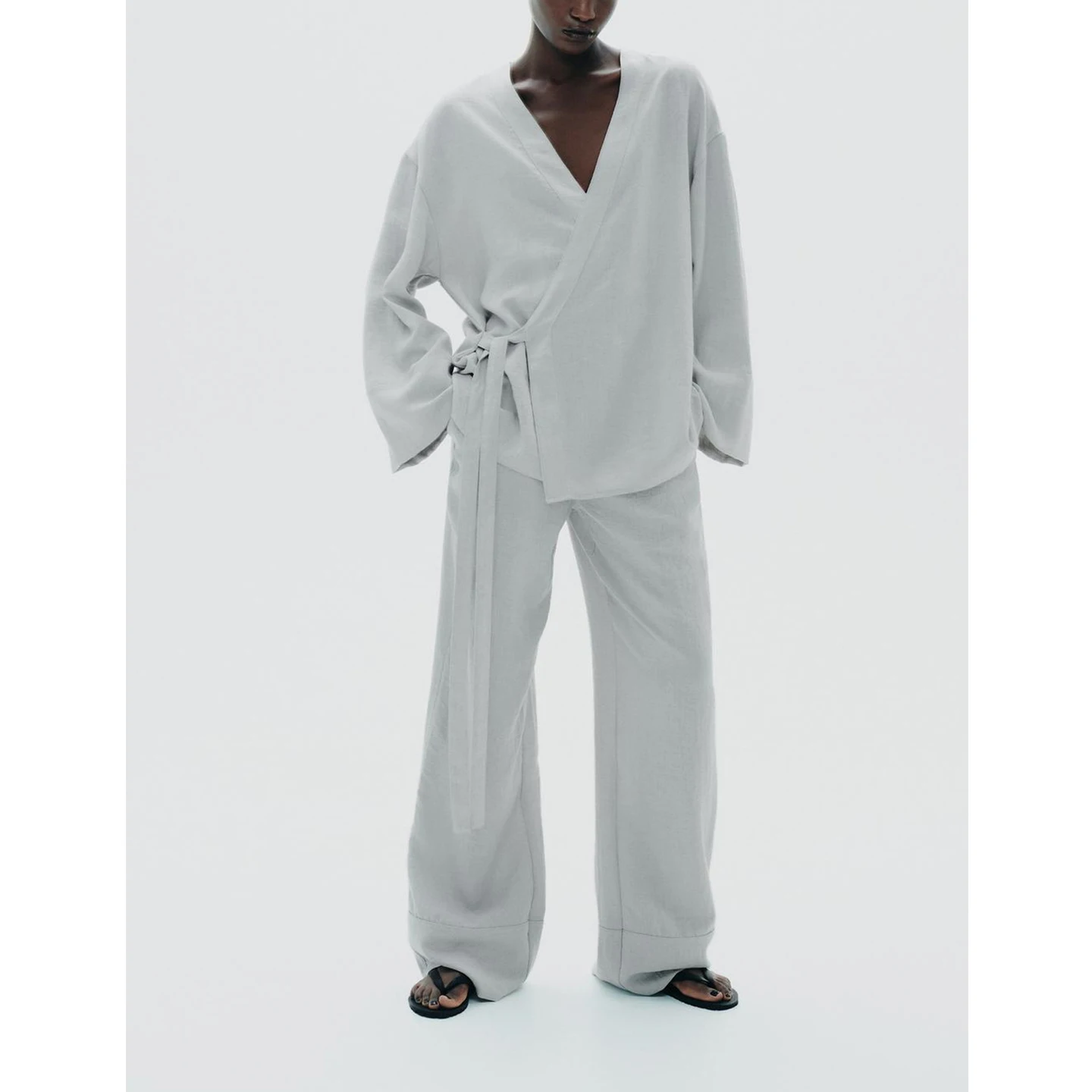 Lässiges Kimono-Sle-Set mit Knoten-Design, lang, Sve V Ne, Button-up-Spwear-Hose, zweiteiliges Faion-Set für Damen